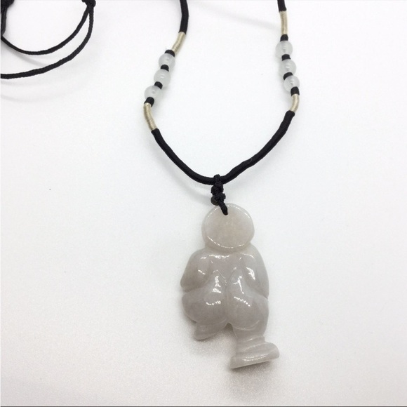 CHINESE HETIAN NEPHRITE CELADO CARVED WHITE JADE BUDDHA PENDANT ROPE NEC… - Picture 5 of 6
